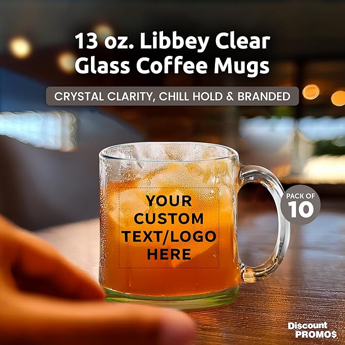 Custom Libbey Clear Glass Coffee Mugs 13 oz. Set of 10, Personalized Bulk Pack - Perfect for Coffee, Tea, Espresso, Hot Cocoa, Other Beverages - Green Bottom