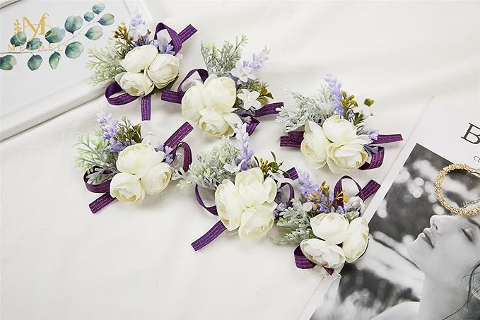 Meldel Rose Wrist Corsage Wristlet Band for Girls Women Bride Bridesmaid, Set of 6, Purple Hand Flower Wedding Artificial Flowers Accessories for Prom Party