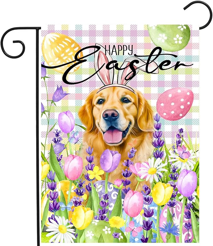 Happy Easter Dog Garden Flag Golden Retriever Spring Flags Buffalo Plaid Bunny Eggs Yard Flag for Outside 12x18 Double Sided Small Decorative Floral Outdoor Flag