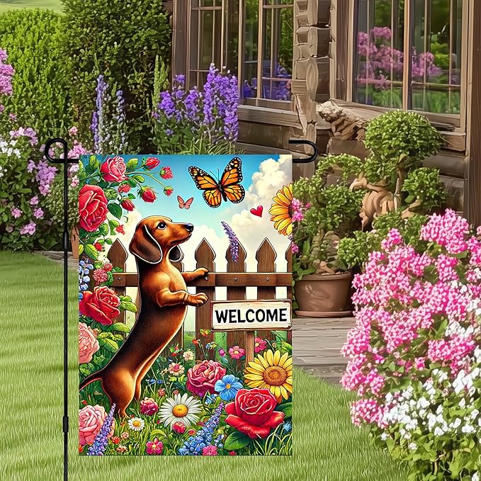 HOMETITUTE Welcome Garden Flag Spring Summer Dog Garden Flag 12x18 Inch Double Sided Flags Dachshund Puppy Floral Fence Butterfly Outdoor Yard Lawn Porch Decor Banner