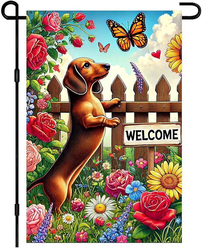 HOMETITUTE Welcome Garden Flag Spring Summer Dog Garden Flag 12x18 Inch Double Sided Flags Dachshund Puppy Floral Fence Butterfly Outdoor Yard Lawn Porch Decor Banner