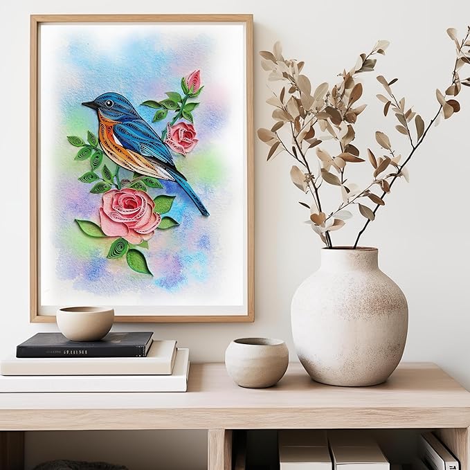 Mother's Day Card, Pastel Rose and Bird Quilling Card, June Birth Month Flower Card, Cute Animals Card, Quilled Birthday Greeting Card for Mom, Grandma, Daughter (Pastel Rose and Bird)