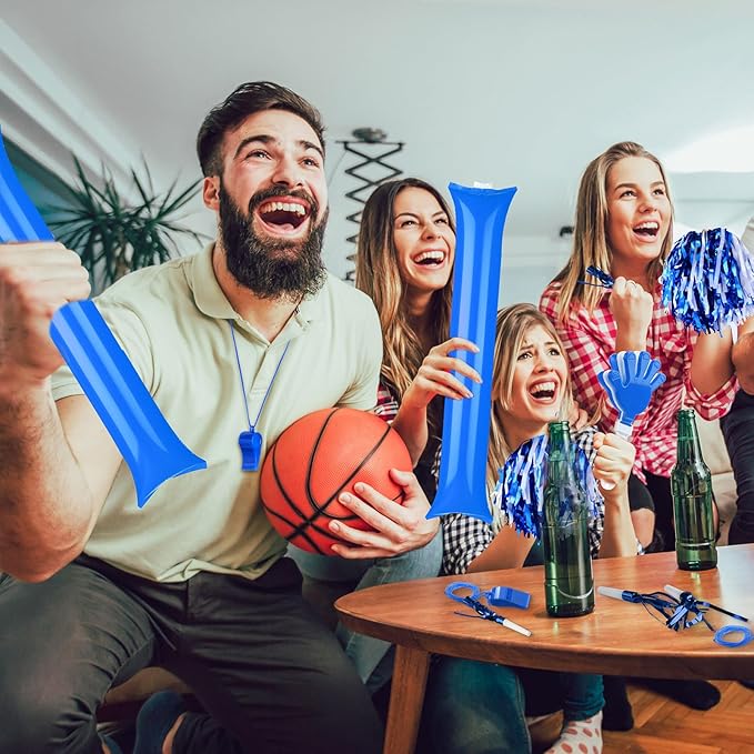 Yunsailing 96 Pcs Homecoming Noisemakers Team Spirit Accessories for Game Day Include Hand Clappers Cheerleading Pom Pom Thunder Stick Cheer Party Blower Plastic Whistle for Sport Fans(Blue White)