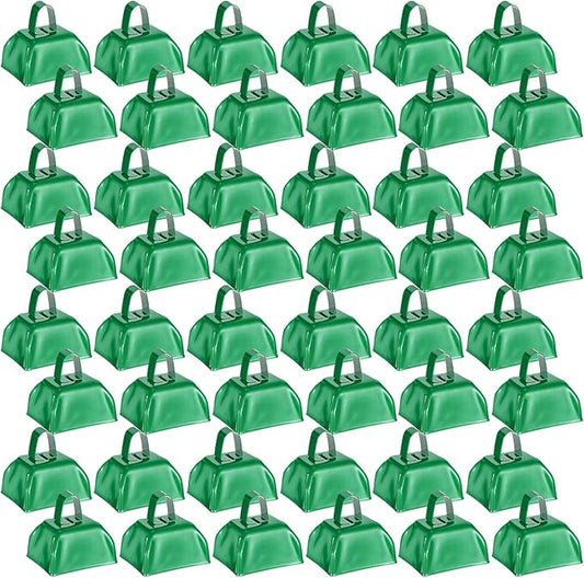 Yeshone 48 Pcs Metal Cowbells with Handles Loud Noise Makers Small Hand Percussion Cowbells for Football Events, Wedding, Graduation Team Cheering(Green)