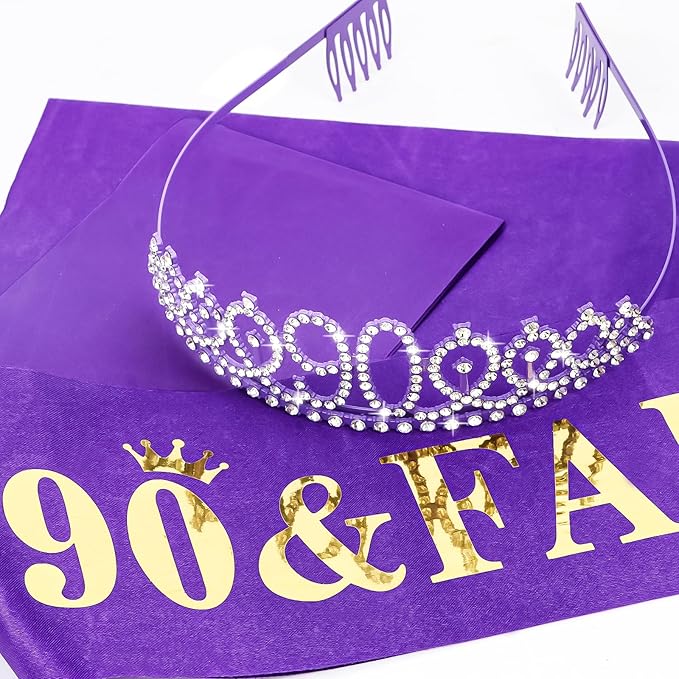 Casoty Purple 90th Birthday Sash and Tiara for Women, 90th Birthday Decorations Party Supplies for Women, Purple 90 & Fabulous Sash and Crown Set, Gifts for Her