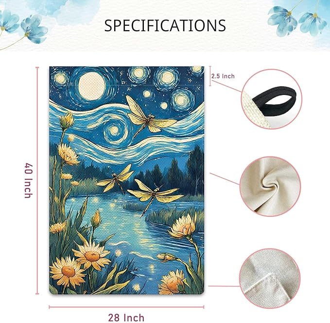 Welcome Summer Dragonfly Garden Flag Starry Night Garden Flag Small Flowers Vertical Double Sided Rustic Farmland Burlap Yard Lawn Outdoor Decor 28x40"