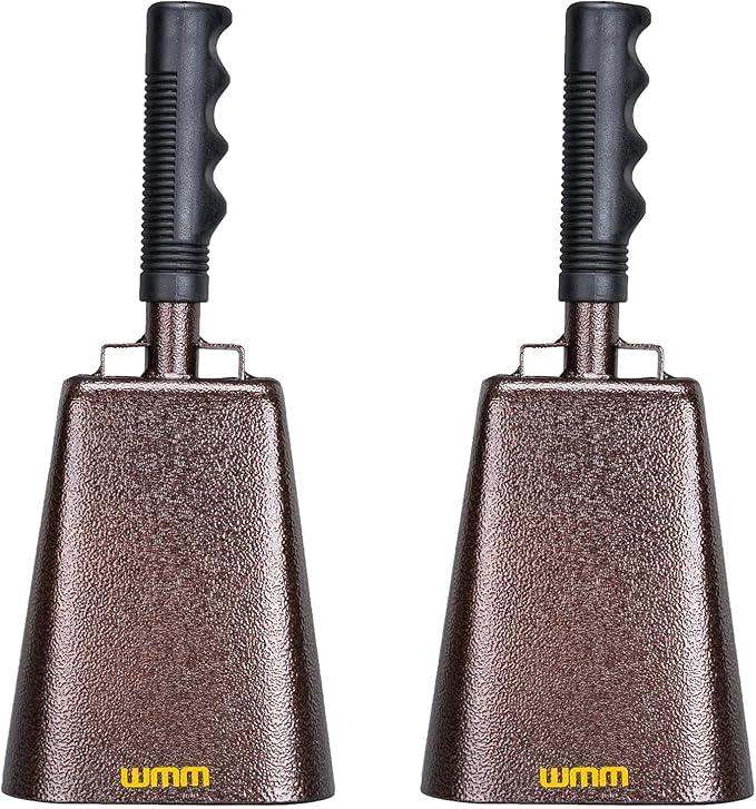 WMM 2 Pack 12 Inch Steel Cowbell with Handle Cheering Bell for Sports Events Large Solid School Bells & Chimes Percussion Musical Instruments Call Bell Alarm(Copper)