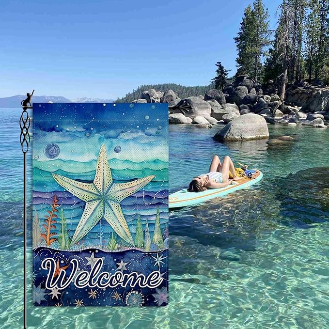 Jauageon Welcome Summer Starfish Garden Flag Ocean Sea Garden Flag Vertical Double Sided Rustic Farmland Burlap Yard Lawn Outdoor Decor 12.5x18"