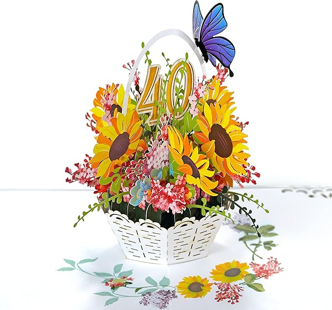 CUTPOPUP 40th Birthday Card Pop Up, Mother's Day, 3D Greeting, Thank You Card (40th Sunflowers Bastket)