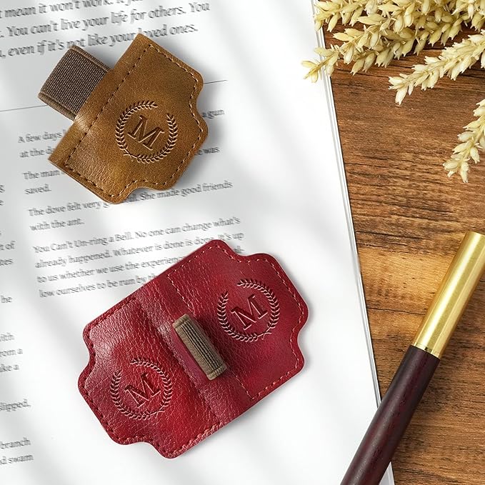 BygoneMark Magnetic Leather Bookmark with Pen Holder, Personalized Custom Initial Page Marker & Pen Clip, Professional Book Accessory for Students (Red-U)