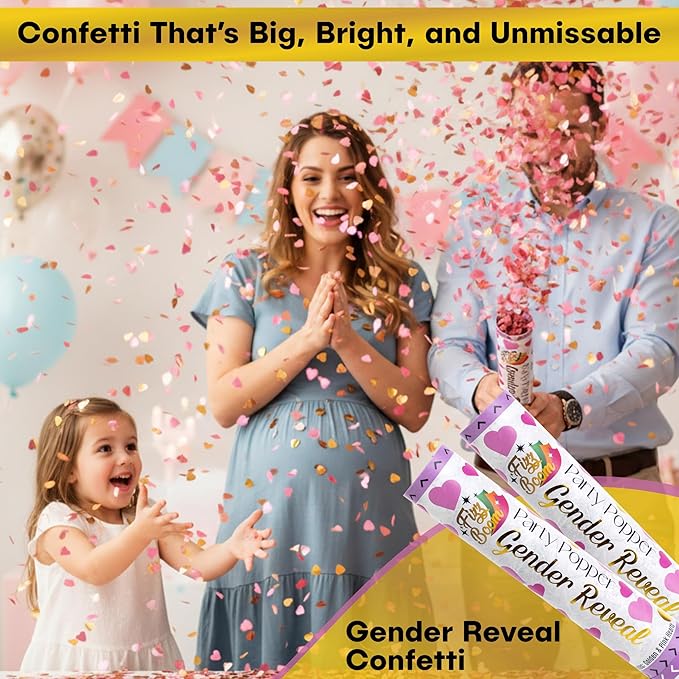2 Pack Pink Heart-Shaped Confetti Poppers for Baby Gender Reveal | Pink Paper and gold mylar Baby Girl Party Supplies