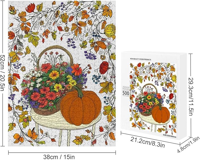 Wooden Jigsaw Puzzles - Thanksgiving Fall Pumpkins，Flowers - 500 Piece Jigsaw Puzzle for Adults Teenagers and Kids Educational Family Game，Home Decor，Suitable for Puzzle Enthusiasts and Collectors