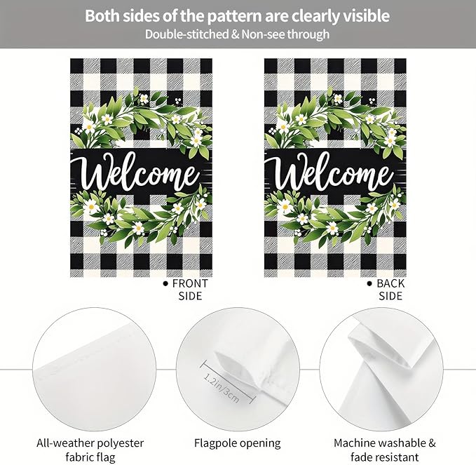 HOMETITUTE Welcome Spring Garden Flag 12x18 Double Sided Black and white Grid Seasonal Small Flags For Outside Outdoor Decor Yard Farmhouse Holiday Spring Summer Decorations Yard Flags