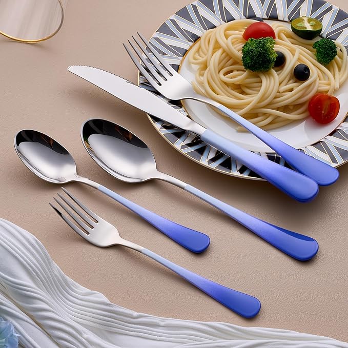 20-Piece White and Blue Silverware Set for 4, 18/0 Stainless Steel Flatware Cutlery Utensils Set, Includes Dinner Knives, Forks, Spoons, Salad Forks, Teaspoons, Dishwasher Safe