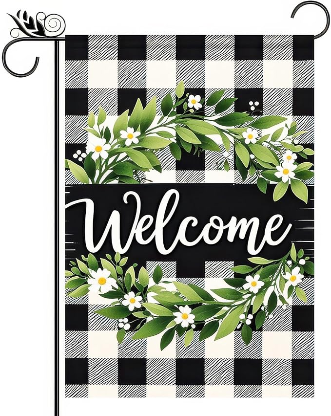 HOMETITUTE Welcome Spring Garden Flag 12x18 Double Sided Black and white Grid Seasonal Small Flags For Outside Outdoor Decor Yard Farmhouse Holiday Spring Summer Decorations Yard Flags