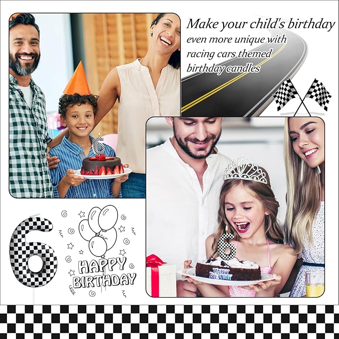 Racing Cars Themed Birthday Candle Number 6 Checkered Candle Birthday Party Decoration Cake Topper for Racing Car Party Decoration Theme Party Supplies (Number 6)
