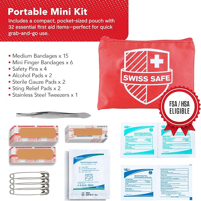 Swiss Safe 2-in-1 First Aid Kit for Car, Travel & Home, Businesses - Bonus Mini Kit for Medical Emergency Aid, Survival, Camping - FSA & HSA Eligible - 348 Pcs, Large Hardcase FAK