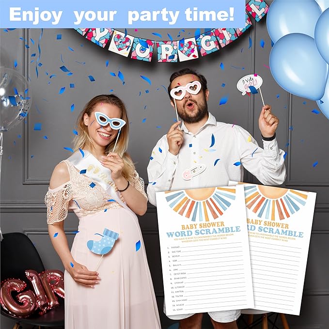 Retro Sunshine Word Scramble Baby Shower Game Kit - Here Comes The Sun - 30 Fill in Game Cards & 1 Answer Card for Baby Shower, Gender Reveal Party Favor, Activity & Supplies - D08