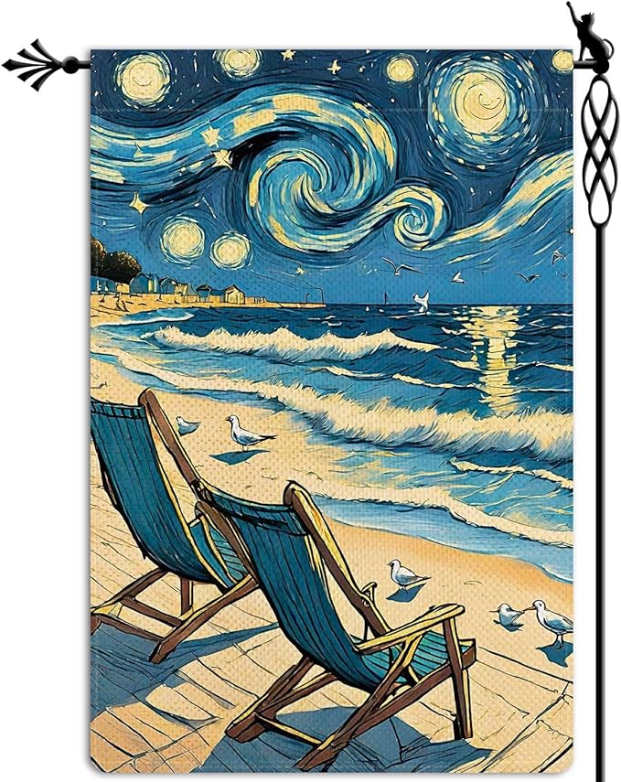 Welcome Summer Ocean Lounge Chair Garden Flag Starry Night Garden Flag Seagull Vertical Double Sided Rustic Farmland Burlap Yard Lawn Outdoor Decor 12.5x18"