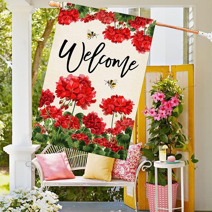 Baccessor Spring Summer Geranium Welcome House Flag Double Sided Summer Bee Red Floral Burlap Yard Flag House Seasonal Farmhouse Outside Outdoor Decoration 28 x 40 Inch（large）
