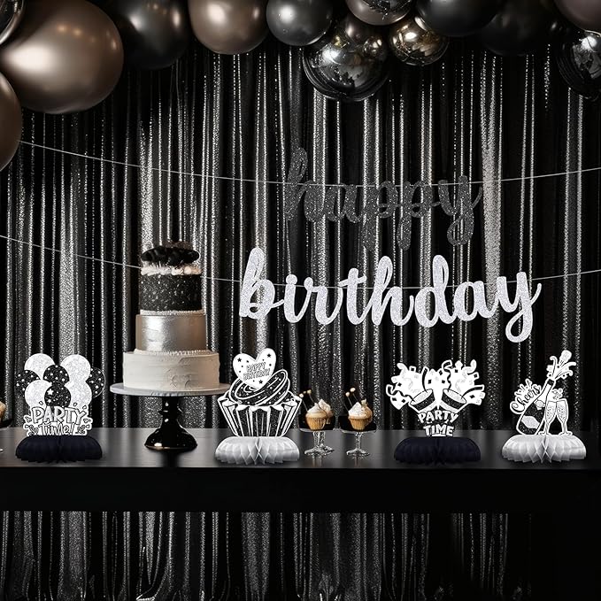 Black and Silver Birthday Decorations – 12PCS Honeycomb Table Centerpieces for Men Women Adults – Happy Birthday Table Decor Party Supplies