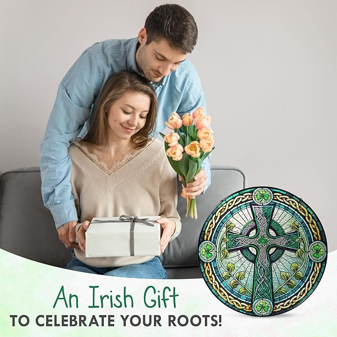 FLAGWIX Irish Gifts for Women Men - 100% Stained Glass Hanging Suncatcher 8 in - Birthday Irish Decorations for Family Friends, Celtic Cross Home Decor, St Patricks Day Decorations