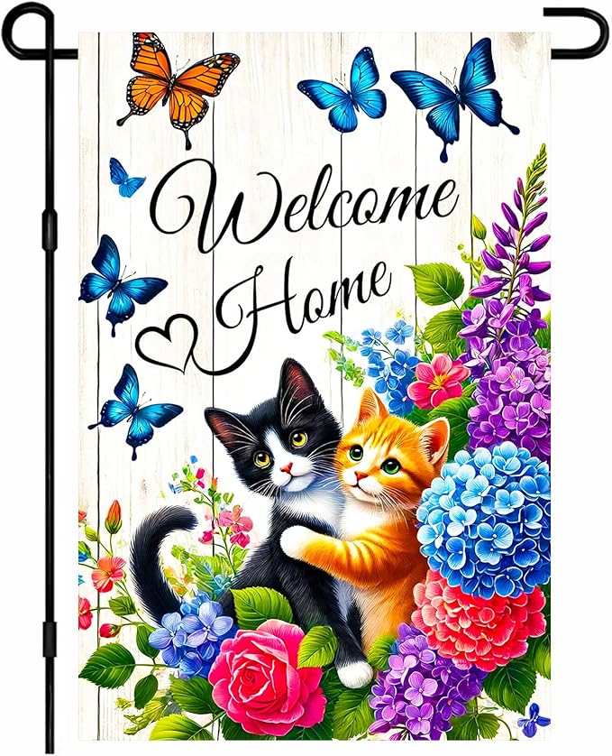 IVN Spring Garden Flag 12x18 Inch Double Sided Cat Flower Butterfly Welcome Home Outdoor Yard Flag for Outside Front Door Lawn Porch Patio Welcome Decor