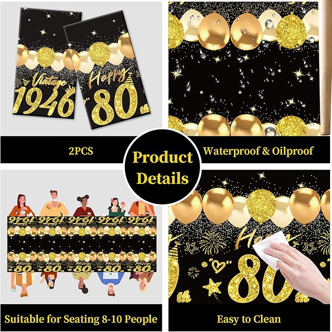 2pcs 80th Birthday Tablecloth, Black Gold 80th Birthday Decorations for Men Women Vintage 1946 Table Cloth Plastic Rectangular Table Cover Happy 80 Anniversary Party Supplies