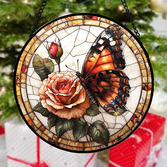 Stained Glass Window Hanging, Butterfly Picking Flowers Suncatcher for Doors Home Sun Catchers Decoration and Christmas, Mother's Day Birthday Gifts for Women, Men, and Mom 14.9x14.9 in