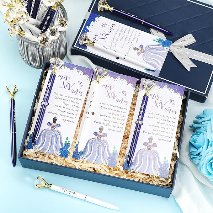 25 Set Quinceanera Party Favors for Guest Sweet 15 Diamond Pens Bulk Mis XV Años Fancy Ballpoint Pen with Thank You Cards and Ties 15th Birthday Thank You Gifts(White, Dark Blue)