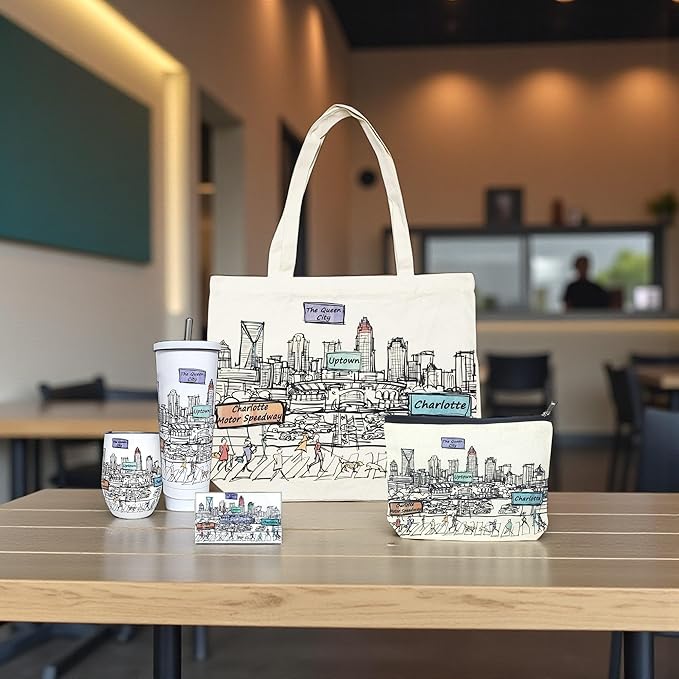 Cities Around the World Artwork Cosmetic Bag Series – Designed in USA, Travel Makeup Bag with Zipper, Souvenir Gift for Women, Artwork Organizer for Purse or Toiletry (Charlotte)