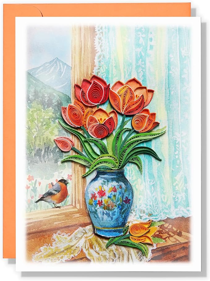 Mother Day Card, Tulip Quilling Card for Birthday, Anniversary, Watercolor Classy Cards for Mom, Women, Wife, Daughter (Tulip with American Robin)