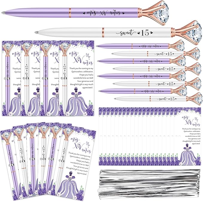 25 Set Quinceanera Party Favors for Guest Sweet 15 Diamond Pens Bulk Mis XV Años Fancy Ballpoint Pen with Thank You Cards and Ties 15th Birthday Thank You Gifts(White, Purple)