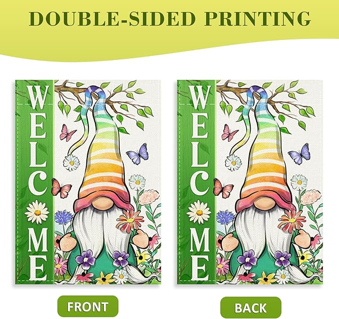 Covido Welcome Spring Summer Gnome Decorative House Flag, Daisy Floral Flowers Butterfly Rainbow Garden Yard Outside Decorations, Seasonal Burlap Outdoor Large Home Decor Double Sided 28 x 40