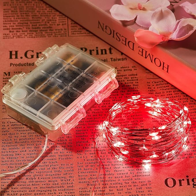 Ariceleo 1 Pack 16.4 Ft. Battery Operated Outdoor String Lights with Remote & Timer, LED Red Fairy Lights, Waterproof Twinkle Lights for Bedroom, Dorm, Mason Jar, Wedding, Party, Christmas