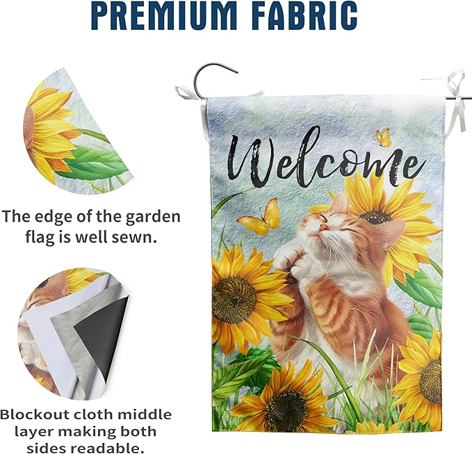 Sunflower Orange Cat Garden Flag Summer Spring Garden Flags for Outside Floral Cat Yard Flag Small Outdoor Welcome Flags 12x18 Double Sided