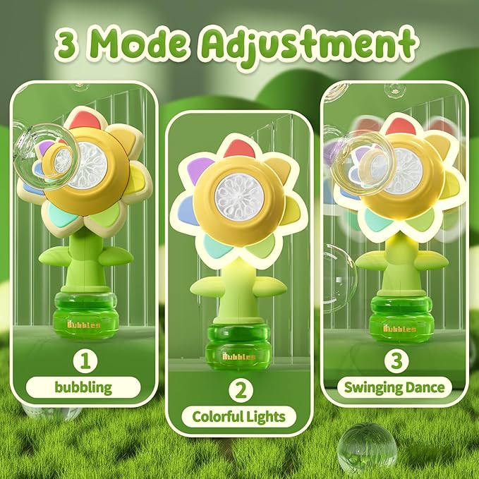 Rechargeable Flower Bubble Guns for Kids W/LED Lights & 10 Refill Solutions, Fun Swing Dance Bubble Maker Machine Blower Blaster Toys,Outdoor Summer Play, Easter, Birthday Party Favors & Gifts Yellow