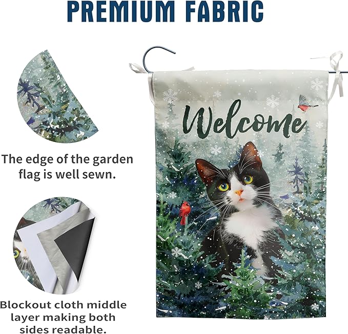 DZGlobal Welcome Winter Garden Flags Cat Garden Flag Cardinal Birds on Snowy Pine Tree Flag Tuxedo Cat Yard Flags for Outside 12x18 Double Sided Christmas Decorative Lawn Flags