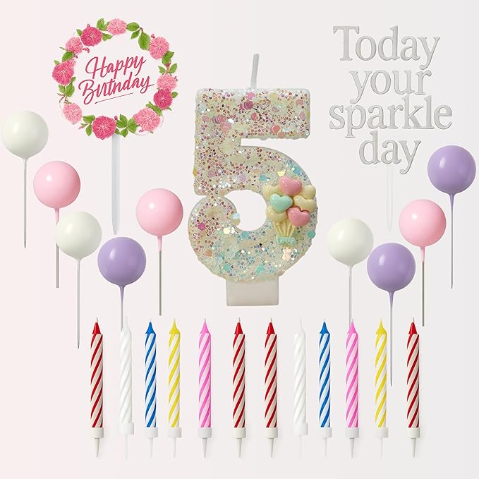 by Tugba Aydan - 5 Number Birthday Candles – 24 Piece Cake Decoration Kit with Number Candle – Party Supplies for Kids Birthday Celebration
