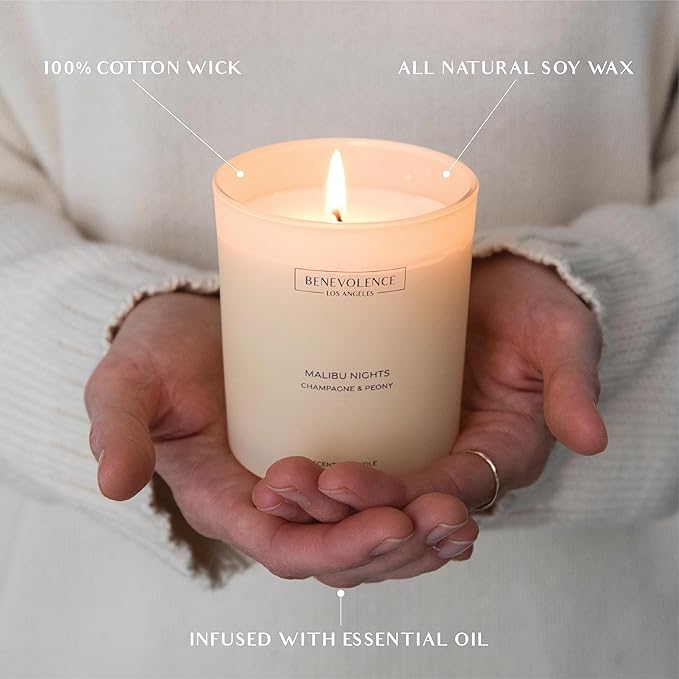 Champagne & Peony – Benevolence LA Scented Candle | 8oz, 45-Hour Burn | Natural Soy Wax, Cotton Wick | Romantic & Elegant Home Fragrance | Malibu Sands Collection – Gift for Women & Men