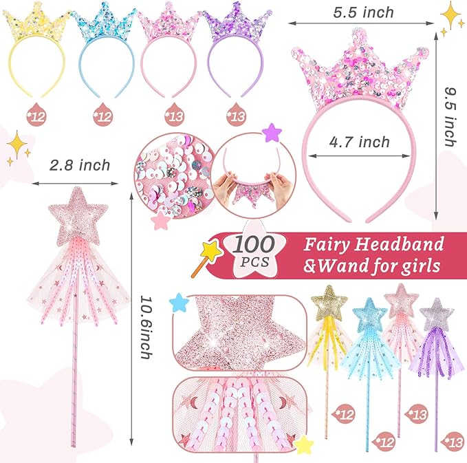 12 Pcs Princess Party Favors Including 6 Glitter Star Fairy Wands and 6 Sequin Princess Crown Headbands for Girls Birthday Party Gifts