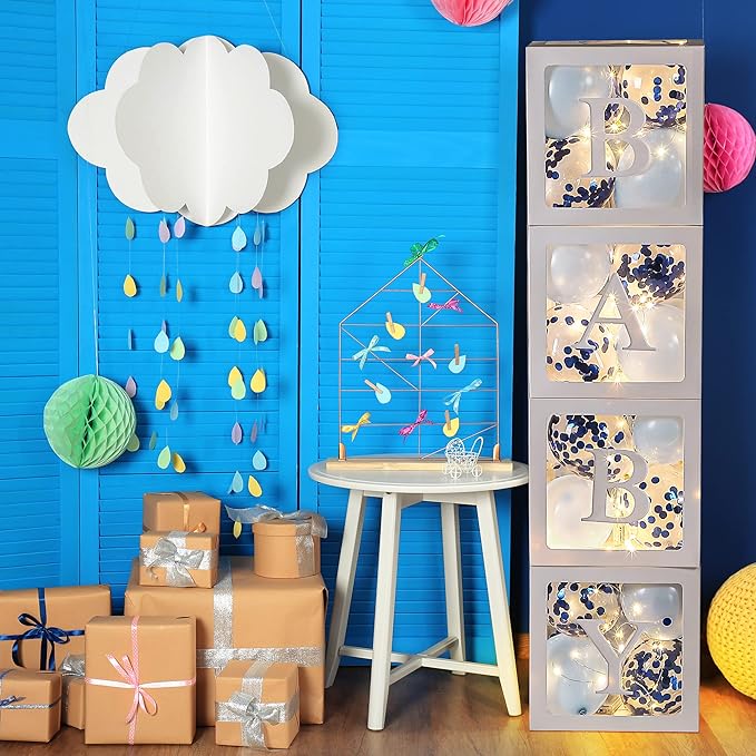 Baby Shower Balloon Box Decorations, 4 Pcs Baby Blocks Transparent Balloon Boxes with “BABY GIRL” Letters, 4 Pack Led Fairy String Lights and 40 Pcs Latex Balloons for Gender Reveal Backdrop(Blue)