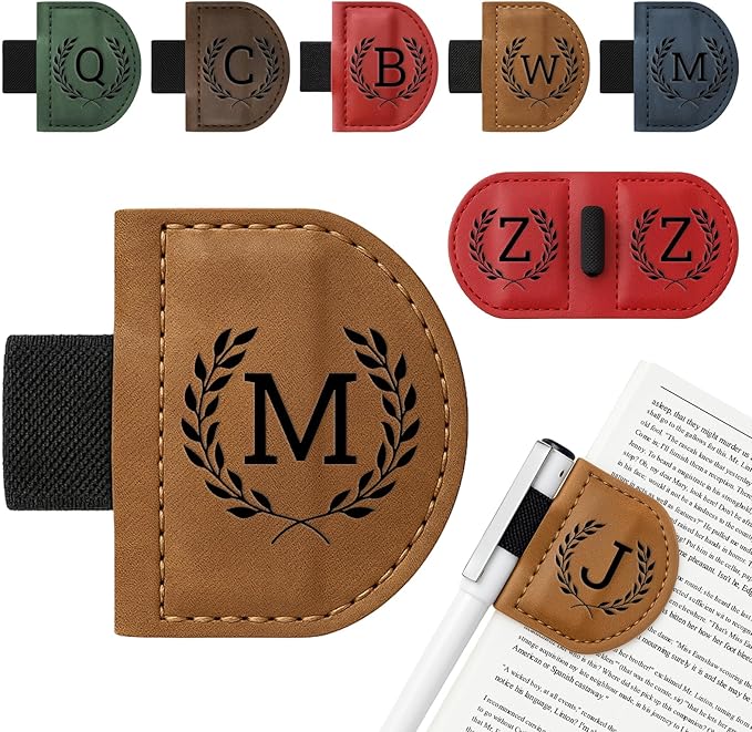 Personalized Bygone Mark Bookmark with Pen Holder,Engraving Leather Magnetic Bookmarks Vintage 26 Letters Name Initials Text Book Marker Clips Gifts for Reading Book Lovers Women (Brown, M)