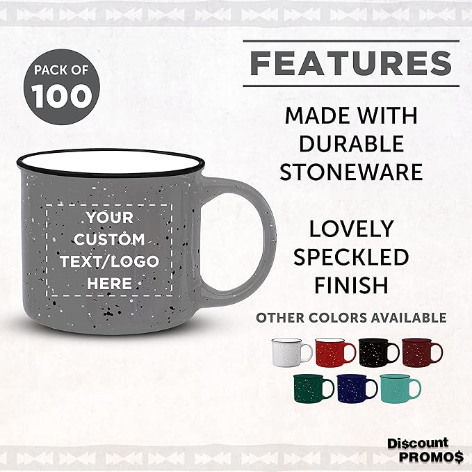 DISCOUNT PROMOS Custom Ceramic Campfire Coffee Mugs 13 oz. Set of 100, Personalized Bulk Pack - Perfect for Tea, Espresso, Cappuccino, Hot Cocoa - Grey