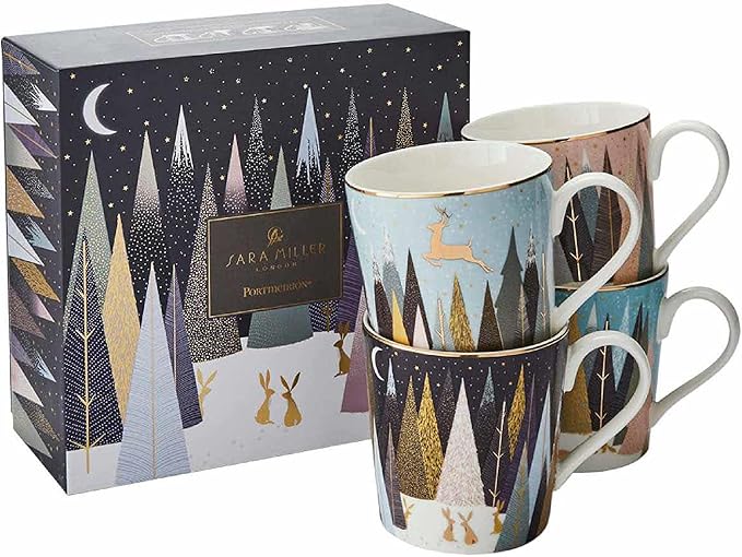 Portmeirion Sara Miller London Frosted Pines Christmas Mug | 12 Oz Cup for Drinking Tea, Coffee, and Hot Cocoa | Set of 4 Mugs Made from Fine China with Gold Detail | Handwash Only