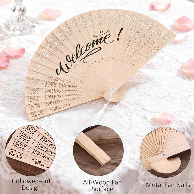 50 Pcs Wedding Fans Engraved Wooden Folding Hand Fans with Organza Bags, Wedding Party Favors for Guests, Bridal Shower & Summer Outdoor Ceremony (Style4,50)
