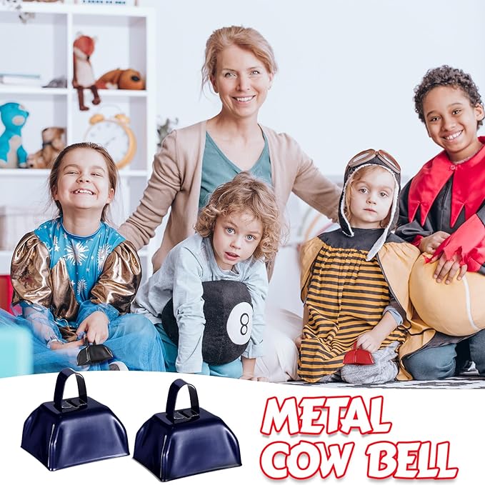 Yeshone 24 Pcs Metal Cowbell with Handle Cow Bells Noise Makers for Sporting Events Small Loud Noisemaker Cow Bell for Wedding Cheering Football Games, 3 x 2.8 x 2.5 Inch (Navy Blue)