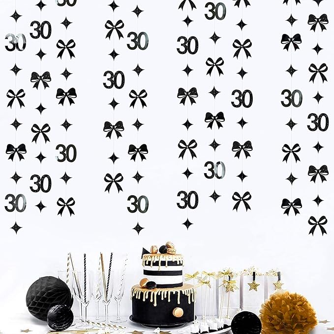 Black 30th Bow Birthday Decorations Glitter Conquette Bow Garland Streamer Banner for Womens Mens Happy 30th Birthday 30 and Fabulous Cheers to 30 Years Old Anniversary Vintage 1995 Party Supplies