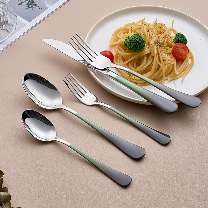 20-Piece Green and Gray Silverware Set for 4, 18/0 Stainless Steel Flatware Cutlery Utensils Set, Include Dinner Knives,Dinner Forks,Dinner Spoons,Salad Forks,Teaspoons,Dishwasher Safe