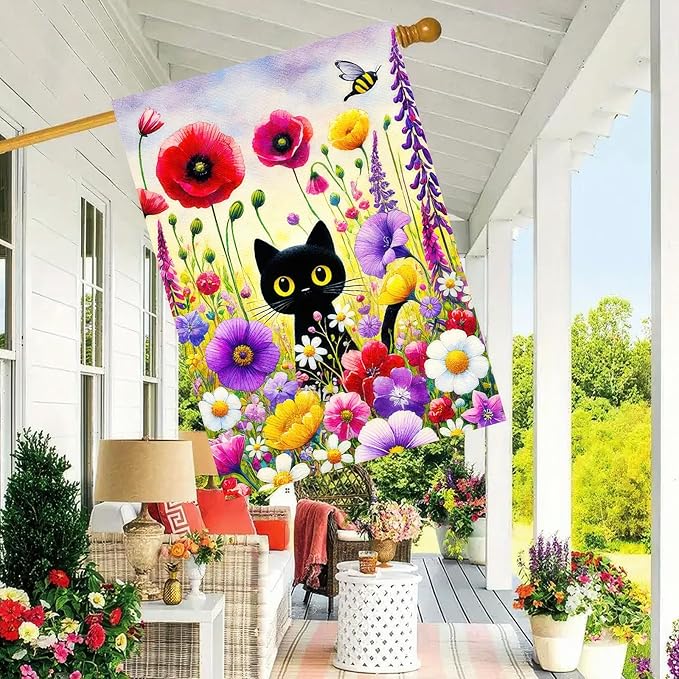 BlissYard Spring Black Cat Garden Flag Funny Floral Cat Garden Flag 12×18 Inch Double Sided Welcome Yard Flag Spring Seasonal Outdoor Colorful Floral Farmhouse Holiday Outside Decorations
